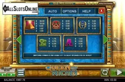 Paytable 1. Queen of Riches from Big Time Gaming