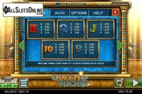 Paytable 2. Queen of Riches from Big Time Gaming