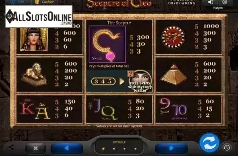 Paytable 1. Sceptre of Cleo from Oryx