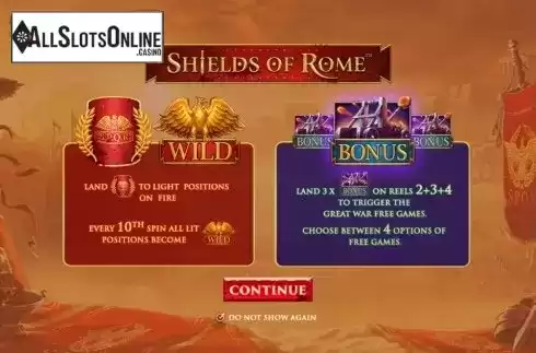 Start Screen. Shields of Rome from Playtech