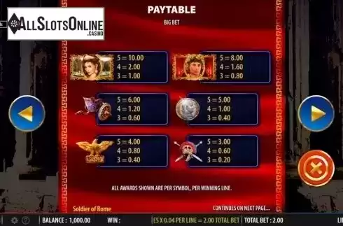 Paytable 3. Soldier of Rome from Barcrest