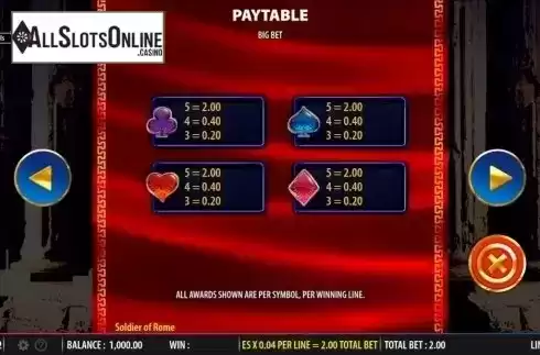 Paytable 4. Soldier of Rome from Barcrest