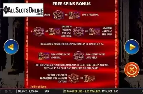 Free spins bonus. Soldier of Rome from Barcrest