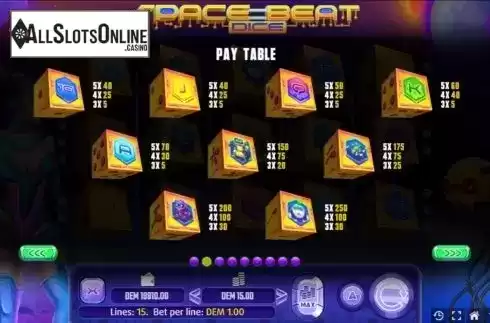 Paytable screen. Space Beat Dice from Mancala Gaming