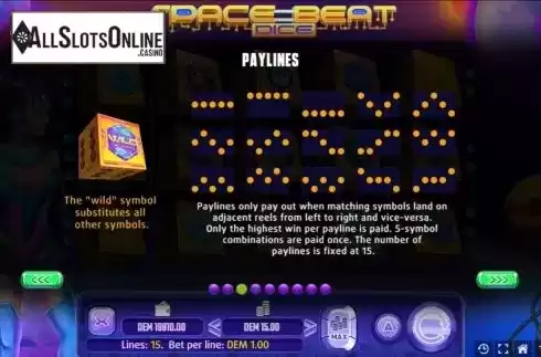 Paylines screen. Space Beat Dice from Mancala Gaming