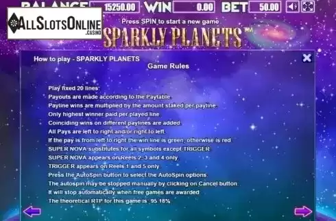 Rules. Sparkly Planets from Allbet Gaming