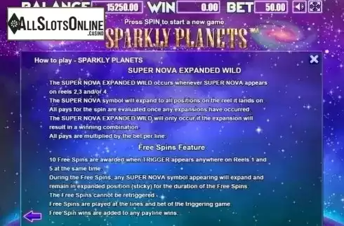 Features. Sparkly Planets from Allbet Gaming