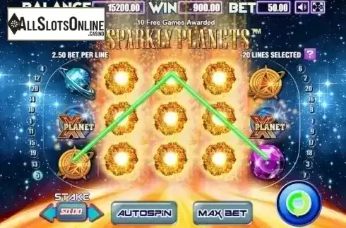 Win Screen. Sparkly Planets from Allbet Gaming
