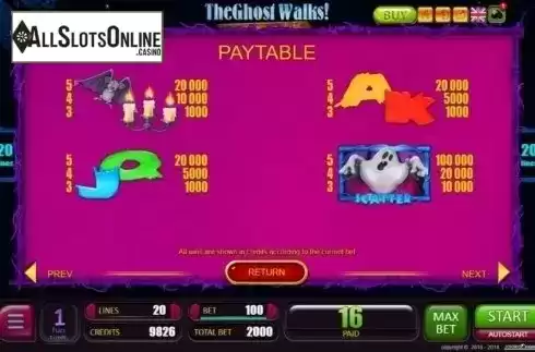 Paytable 2. The Ghost Walks from Belatra Games