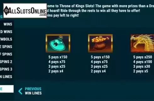Paytable 1. Throne of Kings from Slot Factory