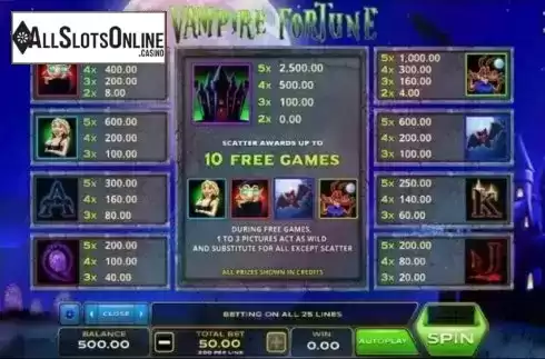 Paytable. Vampire Fortune from Xplosive Slots Group