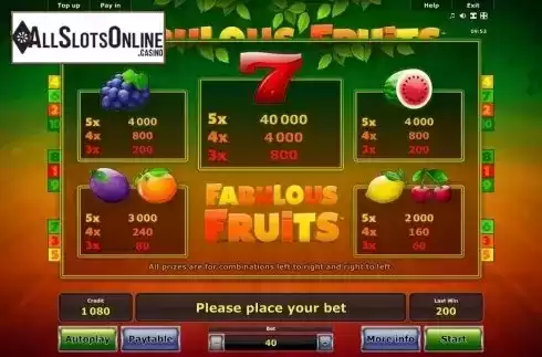 Paytable 1. Fabulous Fruits from Greentube