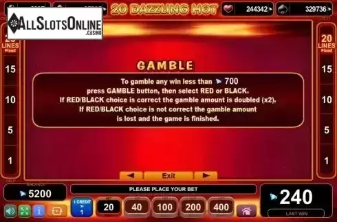 Paytable 2. 20 Dazzling Hot from EGT
