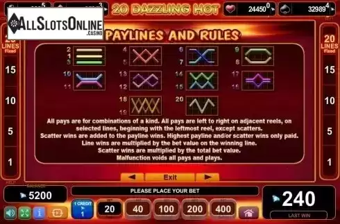 Paytable 4. 20 Dazzling Hot from EGT