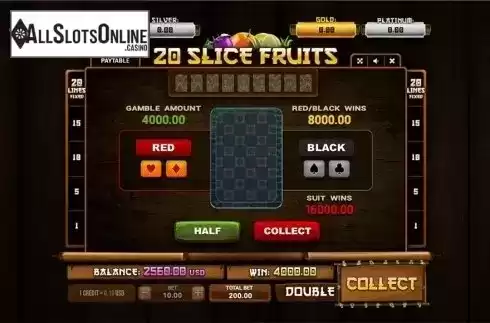 Gamble game screen. 20 Slice Fruits from Betixon