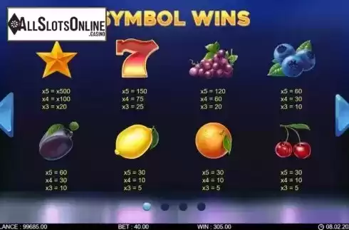 Paytable screen 1. 40 Fruity Reels from 7mojos
