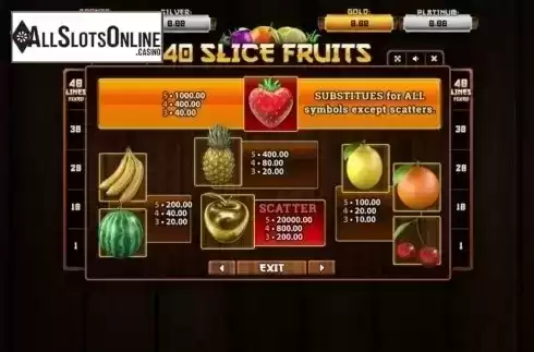 Paytable. 40 Slice Fruits from Betsense