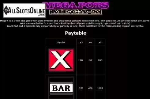 Paytable 1. Mega Pots Mega-X from OpenBet