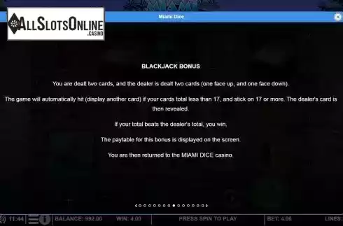 Blackjack bonus screen
