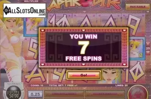 Free Spins screen. Mighty Aphrodite from Rival Gaming