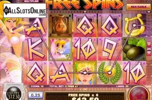 Free Spins Win screen. Mighty Aphrodite from Rival Gaming
