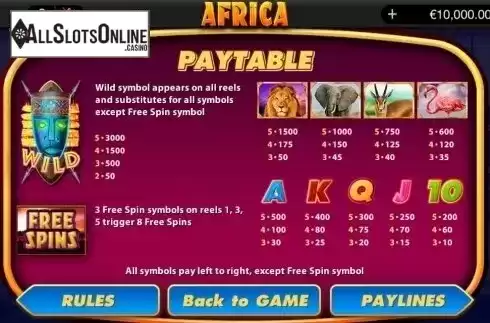Paytable 1. Africa (bwin.party) from Bwin.Party