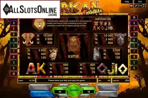 Paytable. African Wildlife from Platin Gaming