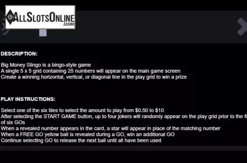 Info 1. Big Money Slingo from Instant Win Gaming