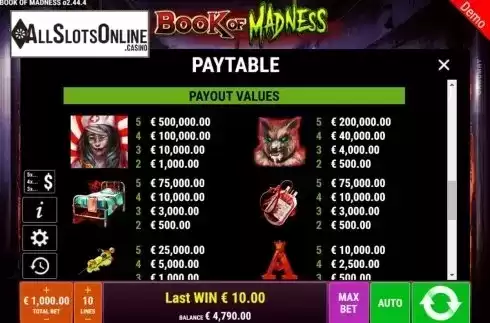 Paytable 1. Book of Madness from Gamomat