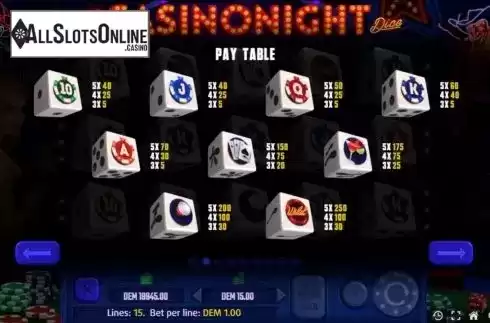 Paytable screen. Casinonight Dice from Mancala Gaming