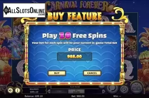 Buy Feature Discount presentation screen. Carnaval Forever from Betsoft