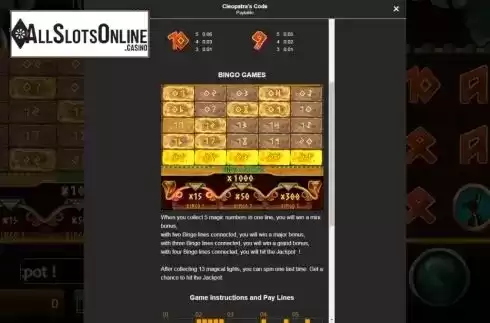 Bingo Games screen. Code Cleopatra's from Manna Play