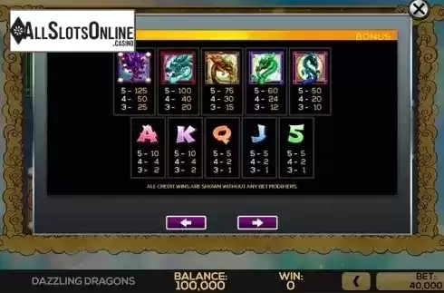 Paytable 3. Dazzling Dragons from High 5 Games