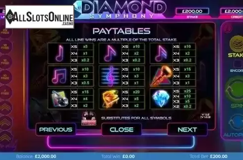 Paytable. Diamond Symphony from Bulletproof Games