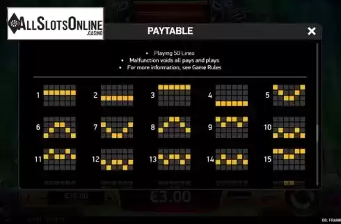 Paylines screen. Dr Frankenstein from Ruby Play