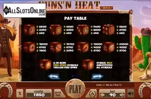 Paytable screen. Guns'n Heat Dice from Mancala Gaming