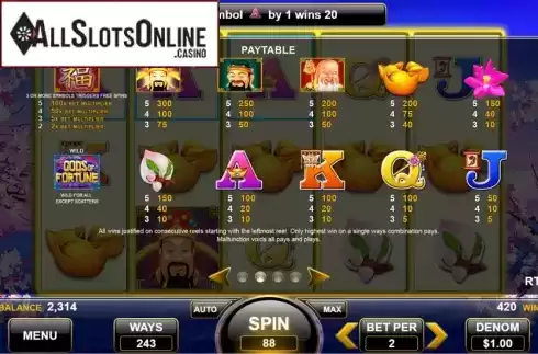 Paytable. Gods of Fortune from Spin Games