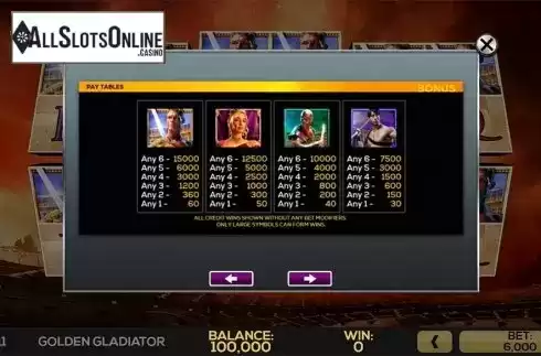 Paytable . Golden Gladiator from High 5 Games