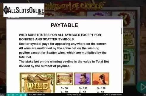 Paytable. Kingdom of Cards from Leander Games
