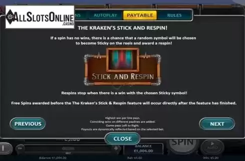 Features screen. Kraken Deep Wins from Nucleus Gaming