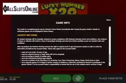 Info 4. Lucky Number x20 from Hacksaw Gaming