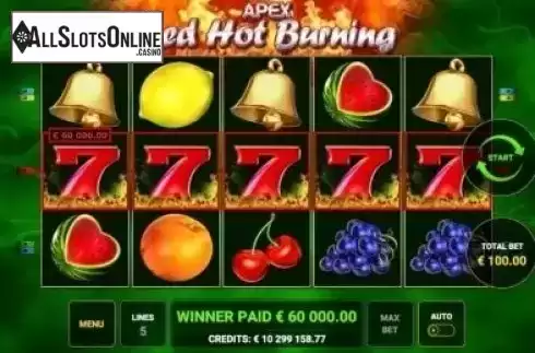 Mega Win screen. Red Hot Burning from Apex Gaming
