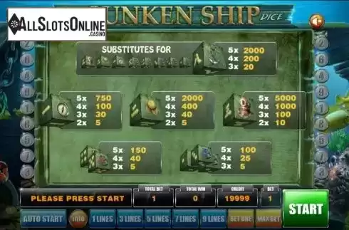 Paytable screen. Sunken Ship Dice from Mancala Gaming