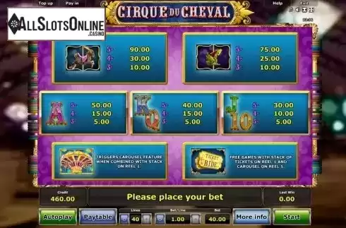 Paytable 2. Cirque du Cheval from Greentube