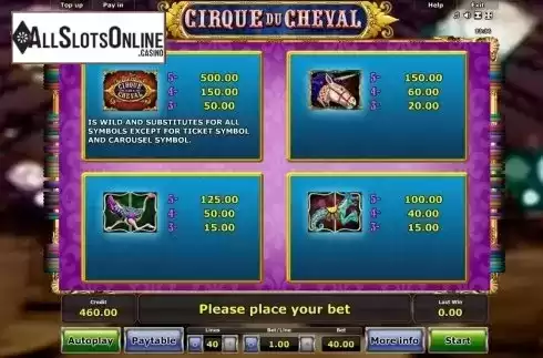 Paytable 1. Cirque du Cheval from Greentube
