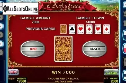 Gamble game screen. d'Artagnan Deluxe from Novomatic