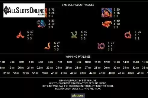 Paytables and paylines screen