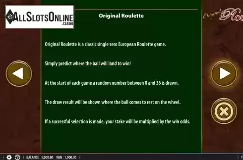 Paytable . Original Roulette from SG