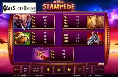 Paytable 1. African Stampede from Greentube