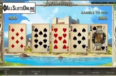 Gamble game workflow screen. Ancient Troy Dice from Endorphina